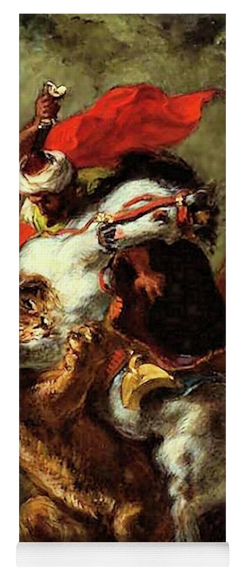 Arab Yoga Mat featuring the painting Arab Horseman Attacked by a Lion by Eugene Delacroix