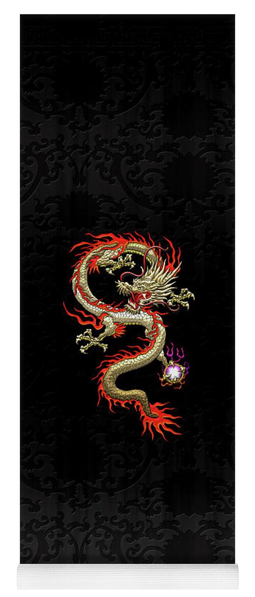 'treasures Of China' Collection By Serge Averbukh Yoga Mat featuring the digital art Golden Chinese Dragon Fucanglong on Black Silk by Serge Averbukh