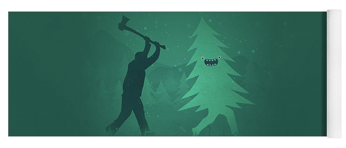 Cute Yoga Mat featuring the digital art Funny Cartoon Christmas tree is chased by Lumberjack Run Forrest Run #1 by Philipp Rietz