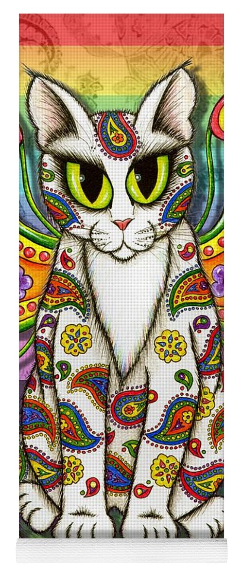 Rainbow Cat Yoga Mat featuring the mixed media Rainbow Paisley Fairy Cat by Carrie Hawks