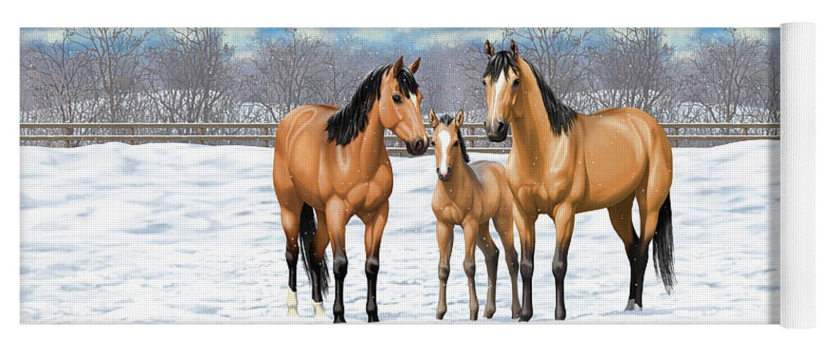 Horses Yoga Mat featuring the painting Buckskin Horses In Winter Pasture by Crista Forest