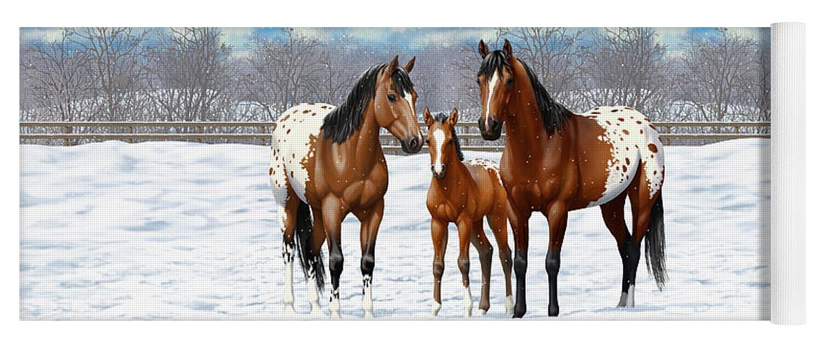 Bay Horse Yoga Mat featuring the painting Bay Appaloosa Horses In Winter Pasture by Crista Forest