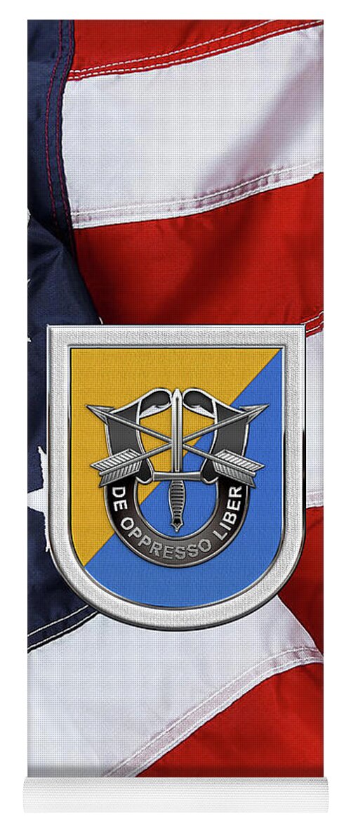 'u.s. Army Special Forces' Collection By Serge Averbukh Yoga Mat featuring the digital art U. S. Army 8th Special Forces Group - 8 S F G Beret Flash over American Flag by Serge Averbukh