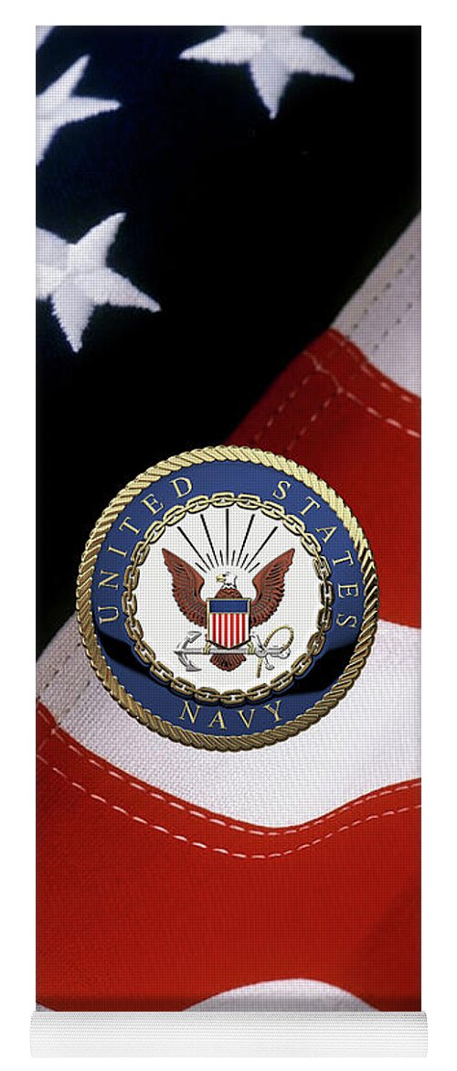 'military Insignia & Heraldry 3d' Collection By Serge Averbukh Yoga Mat featuring the digital art U. S. Navy - U S N Emblem over American Flag #1 by Serge Averbukh