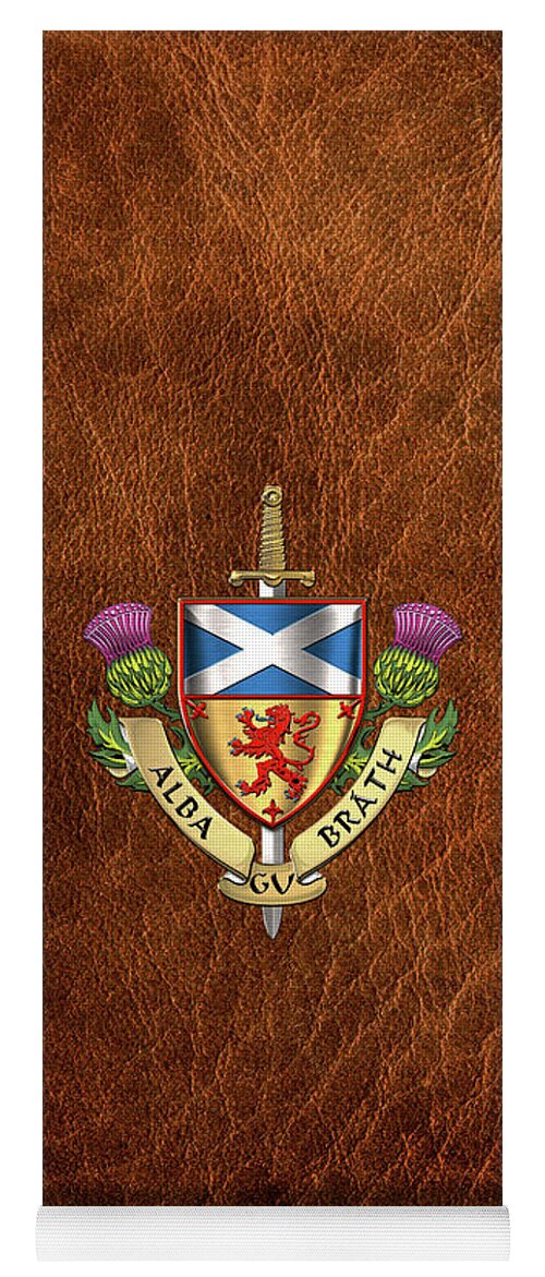 “world Heraldry” Collection Serge Averbukh Yoga Mat featuring the digital art Scotland Forever - Alba Gu Brath - Symbols of Scotland over Brown Leather by Serge Averbukh