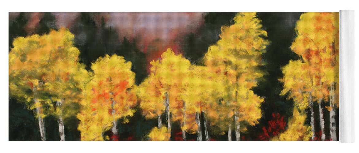 Landscape Yoga Mat featuring the painting Aspens and Mist by Sandi Snead