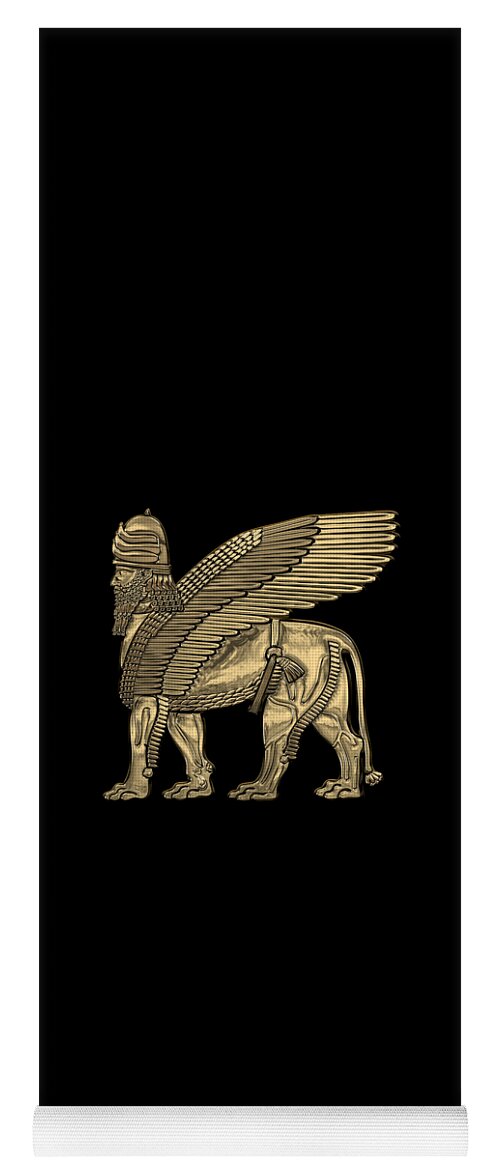 ‘treasures Of Mesopotamia’ Collection By Serge Averbukh Yoga Mat featuring the digital art Assyrian Winged Lion - Gold Lamassu over Black Canvas by Serge Averbukh