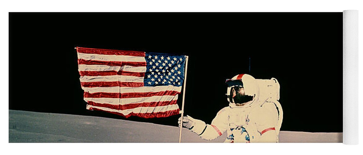 Apollo 14 Yoga Mat featuring the photograph Astronaut With Us Flag On Moon by Nasa