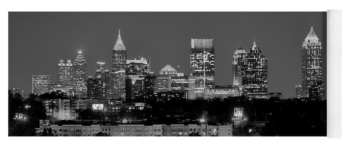 Atlanta Yoga Mat featuring the photograph Atlanta Skyline at Night Downtown Midtown Black and White BW Panorama by Jon Holiday