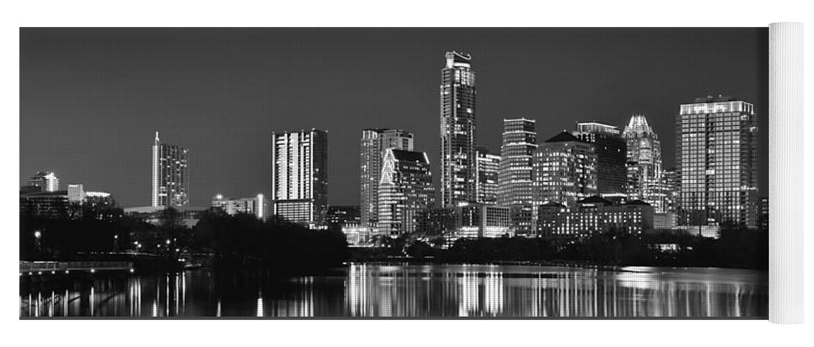 Austin Skyline Yoga Mat featuring the photograph Austin Skyline at Night Black and White BW Panorama Texas by Jon Holiday