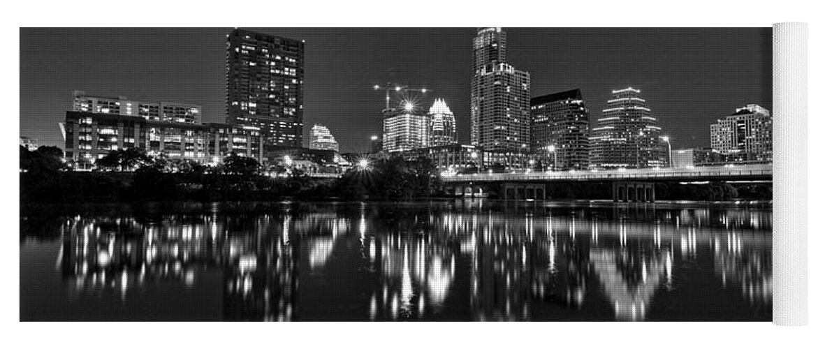Austin Yoga Mat featuring the photograph Austin Skyline At Night Black and White by Todd Aaron