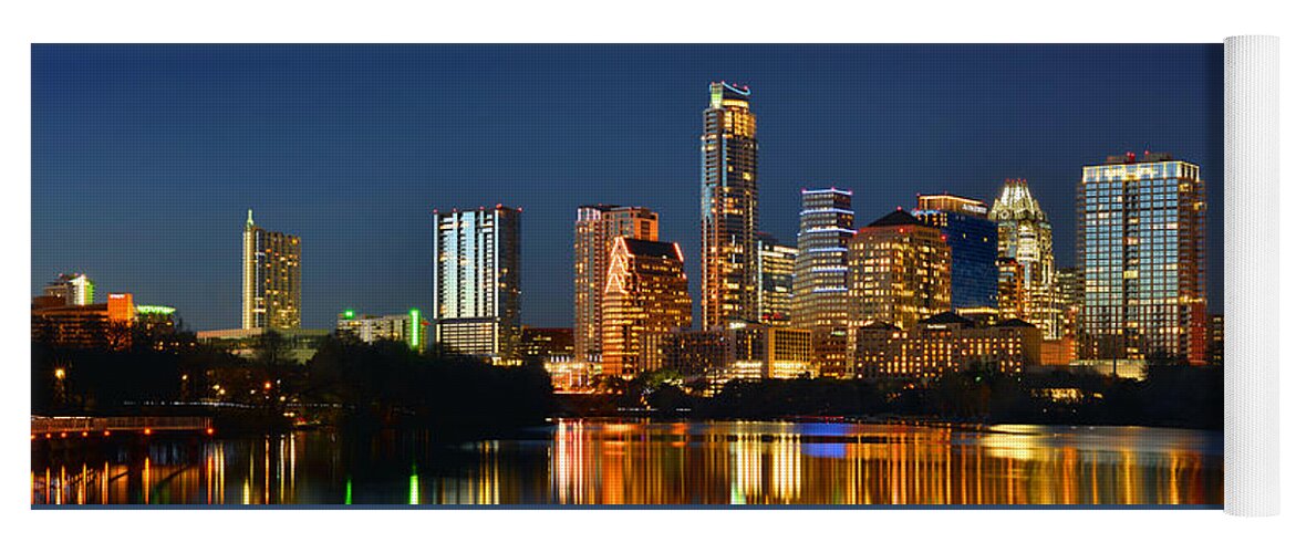 Austin Skyline Yoga Mat featuring the photograph Austin Skyline at Night Color Panorama Texas by Jon Holiday
