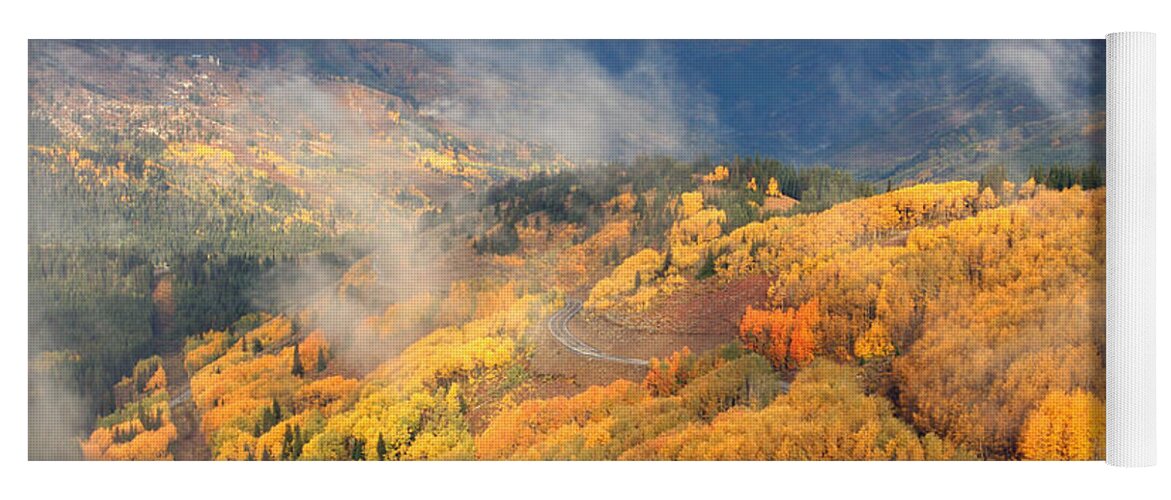 Landscape Yoga Mat featuring the photograph Autumn Color and Fog by Brett Pelletier