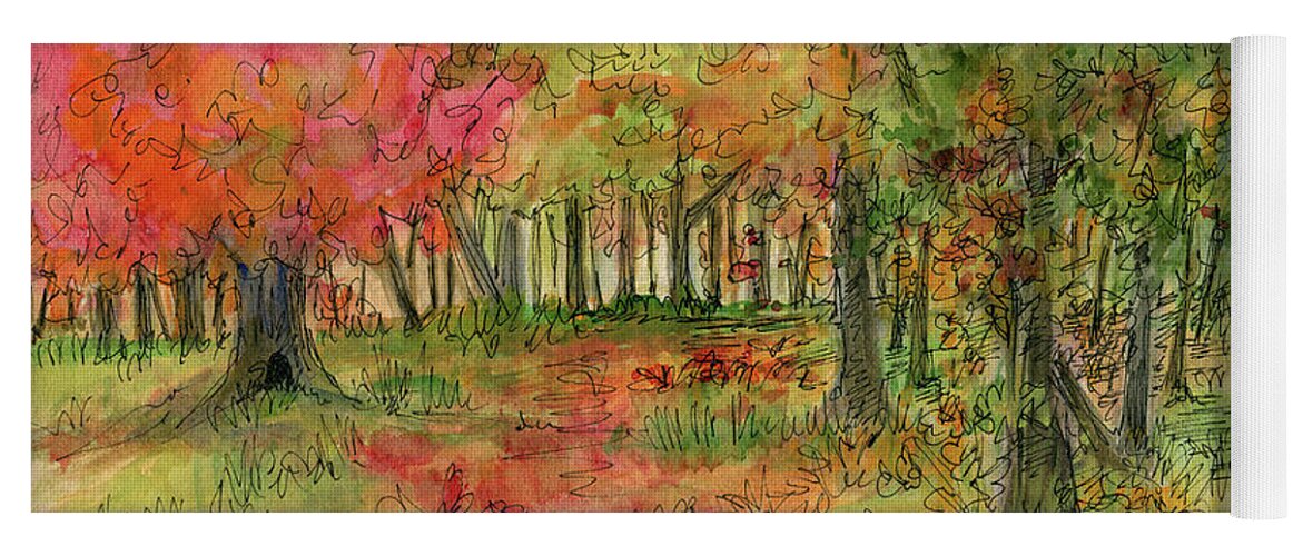 Watercolor Yoga Mat featuring the drawing Autumn Forest Watercolor Illustration by Laurie Rohner