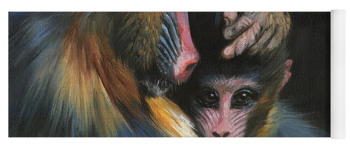 Baboob Yoga Mat featuring the painting Baboon Mother and Baby by David Stribbling