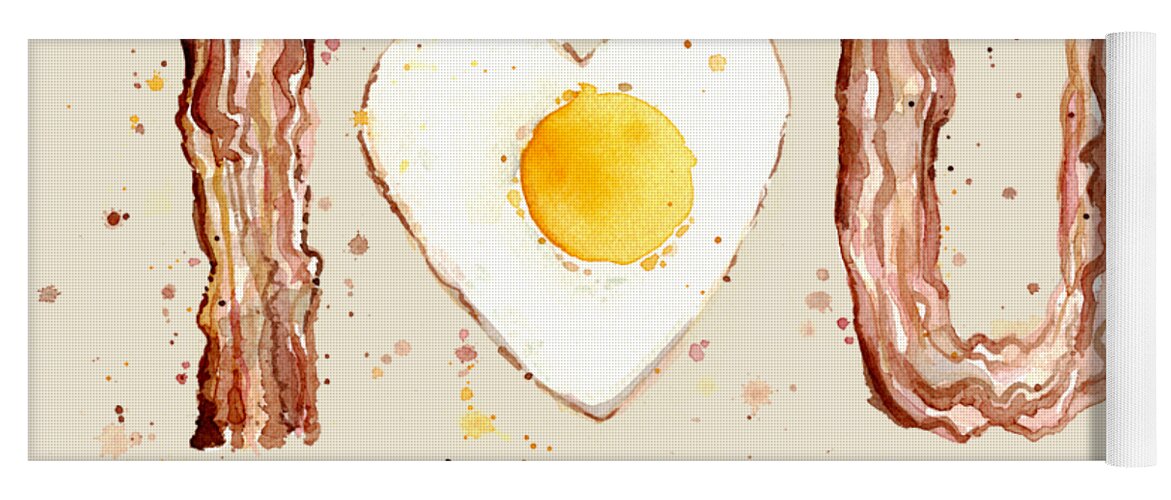 #faaAdWordsBest Yoga Mat featuring the painting Bacon and Egg I Heart You Watercolor by Olga Shvartsur