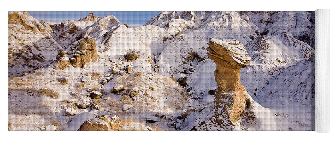 Hoodoo Yoga Mat featuring the photograph Badlands in Winter by Rikk Flohr