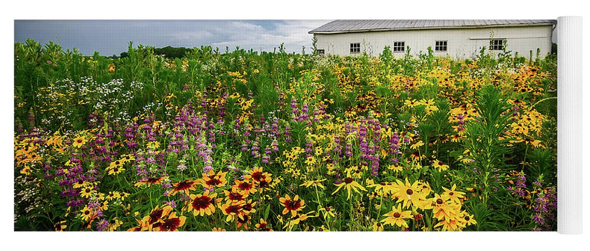 Gloriosa Daisy Yoga Mat featuring the photograph Barn and Wildflowers by Ron Pate