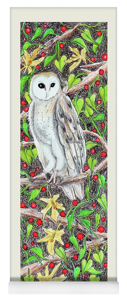 Lise Winne Yoga Mat featuring the painting Barn Owl with Lattice Work of Branches by Lise Winne
