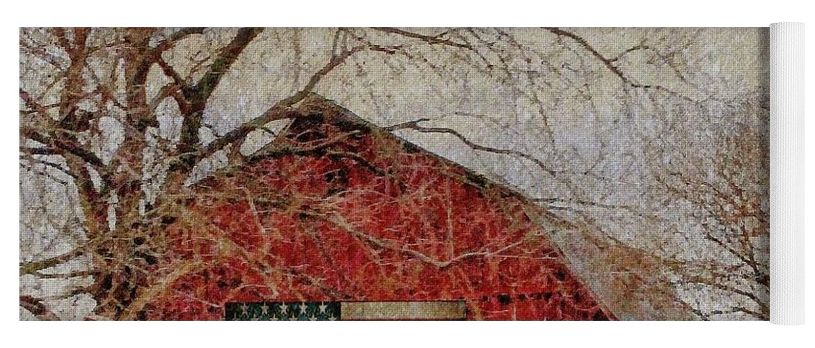 Barn Yoga Mat featuring the photograph Barn with Flag in Winter by Janette Boyd