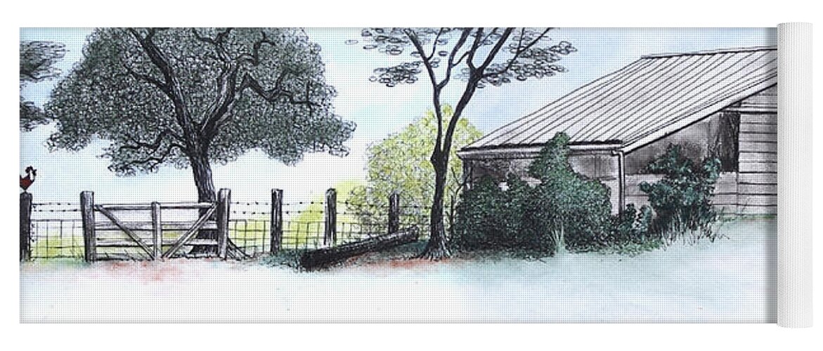 Rooster Yoga Mat featuring the pastel Barn with Trees and the Rooster by Michele Fritz