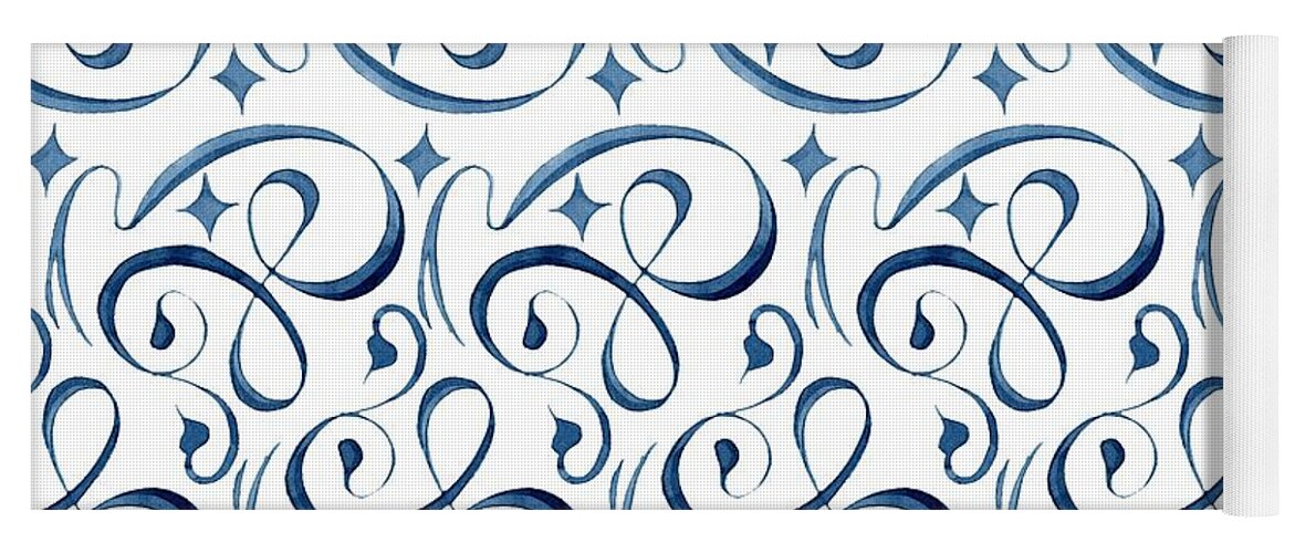 Indigo Blue Yoga Mat featuring the painting Beach House Indigo Star Swirl Scroll Pattern by Audrey Jeanne Roberts