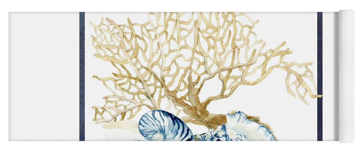 Sea Yoga Mat featuring the painting Beach House Nautilus Scallop n Conch with Tan Fan Coral by Audrey Jeanne Roberts
