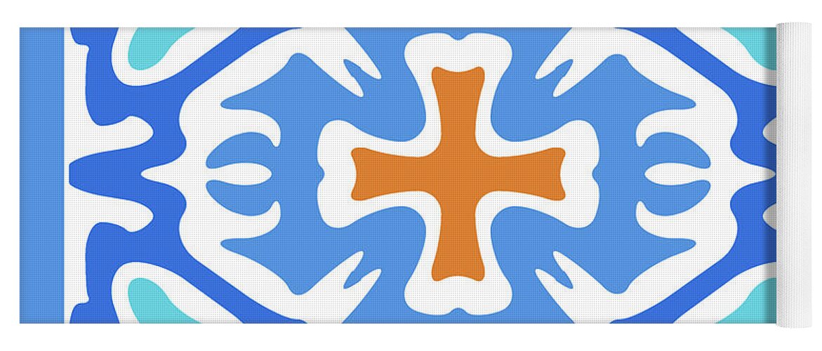 Blue Yoga Mat featuring the digital art Beachy Blue Abstract with Orange Accent by Melissa A Benson