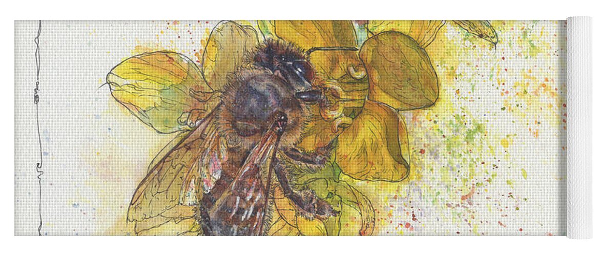 Bees Yoga Mat featuring the painting Bee and Brassica blossom by Petra Rau