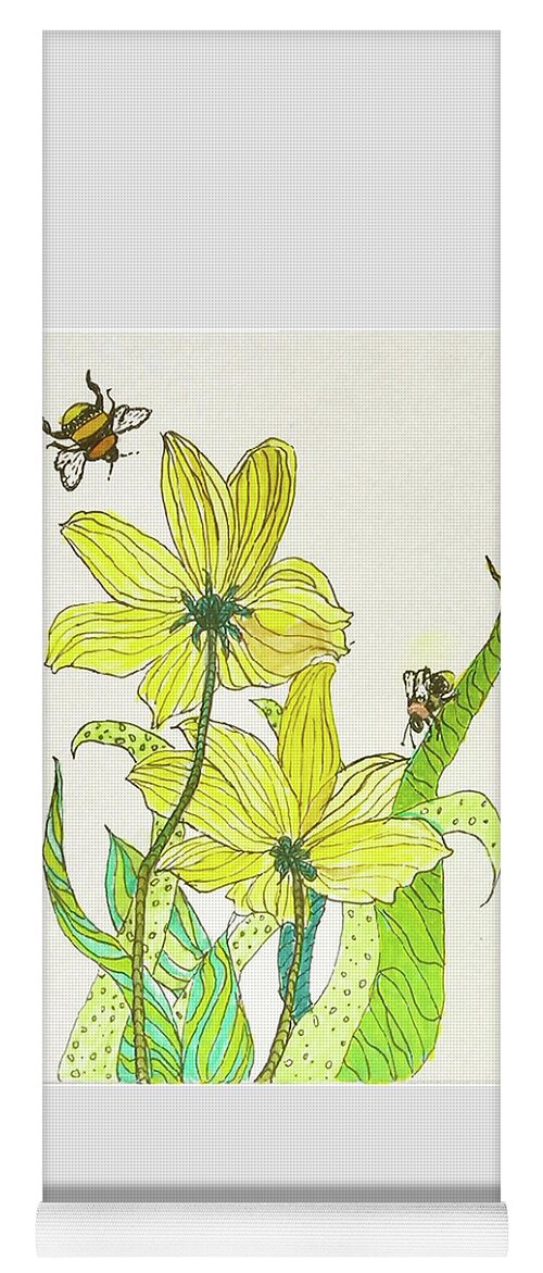 Zentangle Yoga Mat featuring the drawing Bees and Flowers by Harriett Masterson