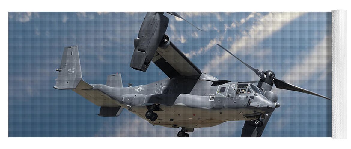 Osprey Yoga Mat featuring the photograph Bell Boeing Osprey V-22 helicopter close up view flying by Simon Bratt