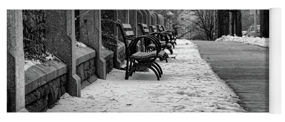 Ny Yoga Mat featuring the photograph Benches Snow NYC Parks Black W by Chuck Kuhn