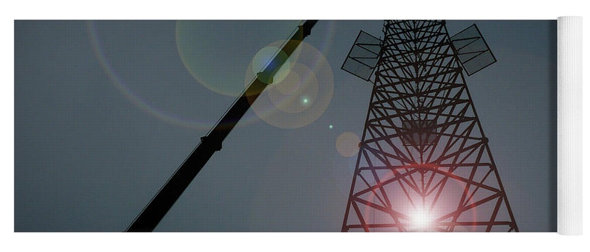 Tower Crane Steel Blue Sky Flare Silhouette Wv Berkeley Springs Sun Solar Communications Boom Tower Technician Rope Work Ropes Aerial High Harness West Virginia Usa Cellphone Cell Cellular Climber Yoga Mat featuring the photograph Berkeley Springs by Bob Geary