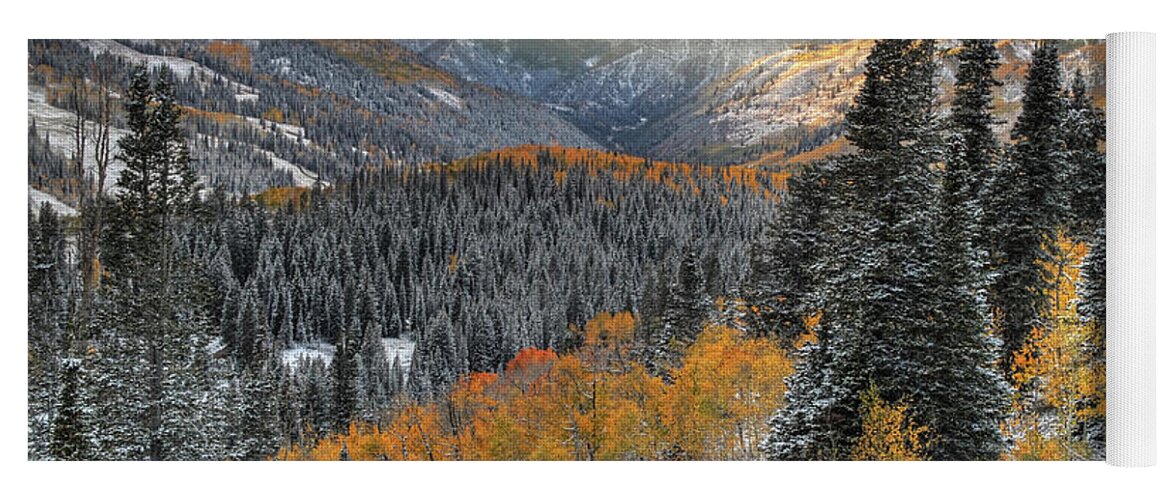 Utah Yoga Mat featuring the photograph Big Cottonwood Canyon Early Snow and Fall Color by Brett Pelletier
