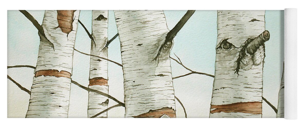 Birch Tree Yoga Mat featuring the painting Birch Trees in Late Autumn in watercolor by Christopher Shellhammer
