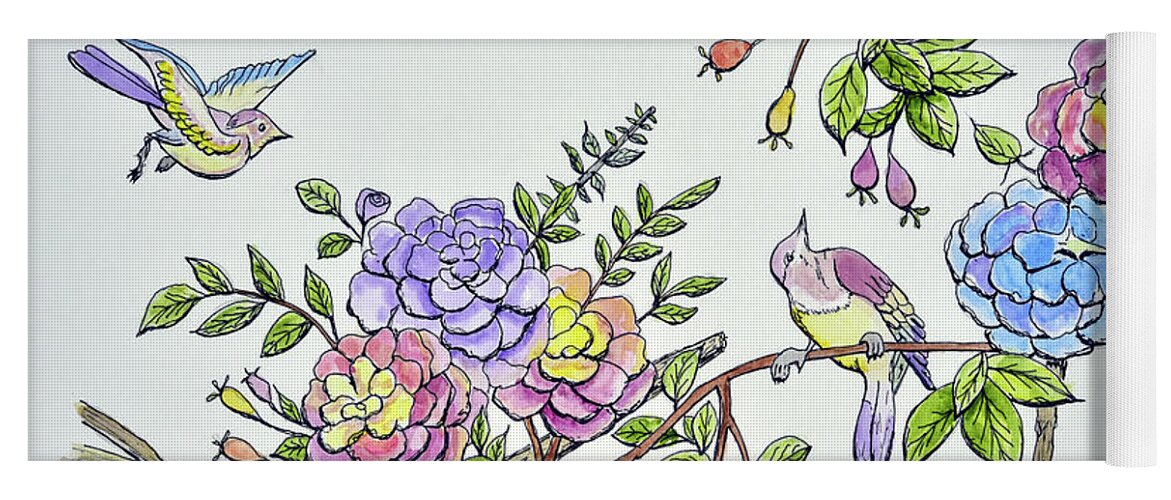 Linda Brody Yoga Mat featuring the painting Birds and Roses I by Linda Brody