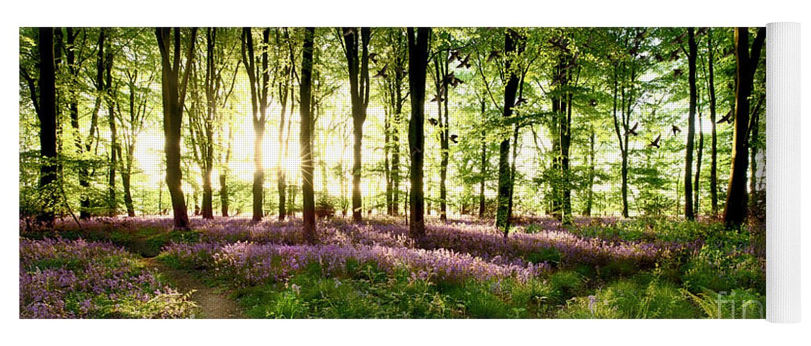 Bluebells Yoga Mat featuring the photograph Birds flying though bluebell wood by Simon Bratt