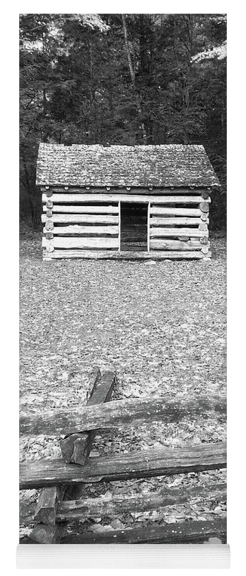 Cades Cove Yoga Mat featuring the photograph Black And White Cabin by Phil Perkins