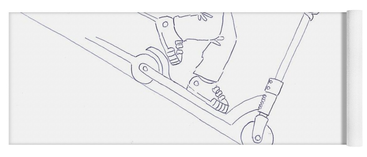 Microscooters Yoga Mat featuring the drawing Black and White Micro Scooter Downhill Drawing by Mike Jory