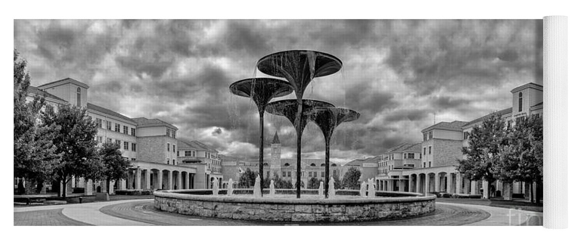 Fort Yoga Mat featuring the photograph Black White Panorama of Texas Christian University Campus Commons and Frog Fountain - Fort Worth by Silvio Ligutti