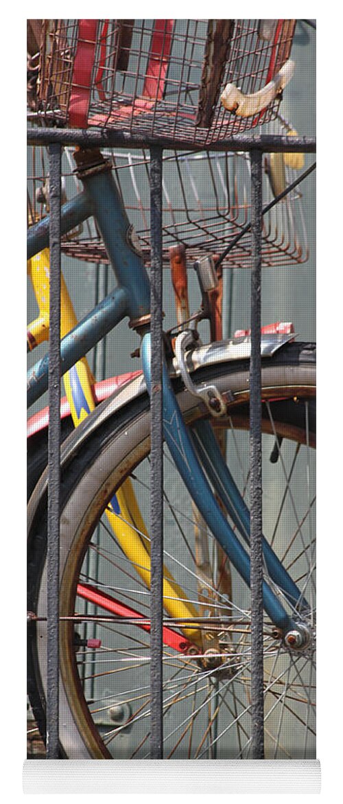 Bike Yoga Mat featuring the photograph Blue and Yellow Bikes by Lauri Novak