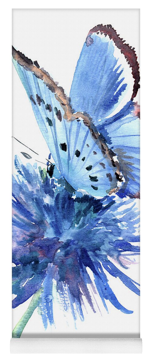 Butterfly Yoga Mat featuring the painting Blue Butterfly and Blue Flower by Suren Nersisyan