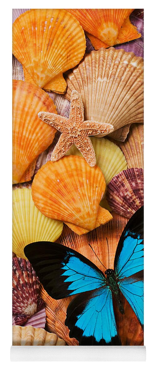 Butterfly Yoga Mat featuring the photograph Blue butterfly and sea shells by Garry Gay
