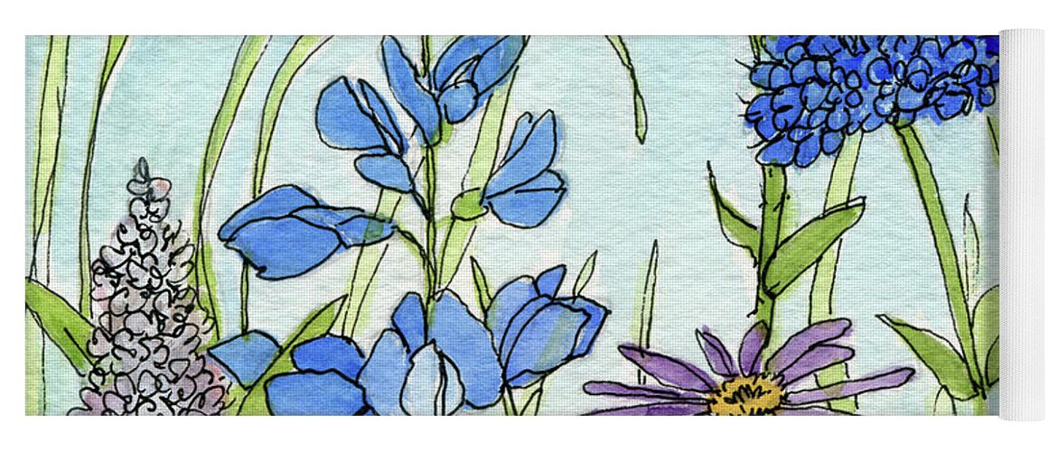 Blue Flowers Yoga Mat featuring the painting Blue Buttons by Laurie Rohner
