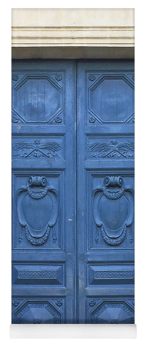 Photography; Ivy Ho; Photograph; Travel; Paris; France; French; Wanderlust; Iphone 6; Iphoneography; Made With Iphone; Streetscene; Blue; Door; Sculpture; Sculptor; Motif; Dark Blue; Vintage; Pattern Yoga Mat featuring the photograph Blue Door in Paris by Ivy Ho