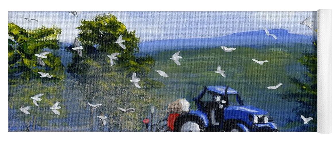 Blue Tractor Yoga Mat featuring the painting Painting Blue Tractor Ploughing Field Lampeter Ceredigion Wales by Edward McNaught-Davis