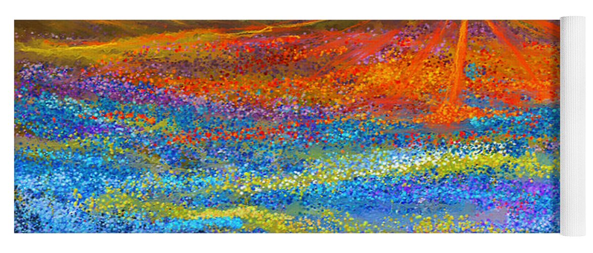 Bluebonnet Yoga Mat featuring the painting Bluebonnet Horizon - Bluebonnet Field Sunset by Lourry Legarde