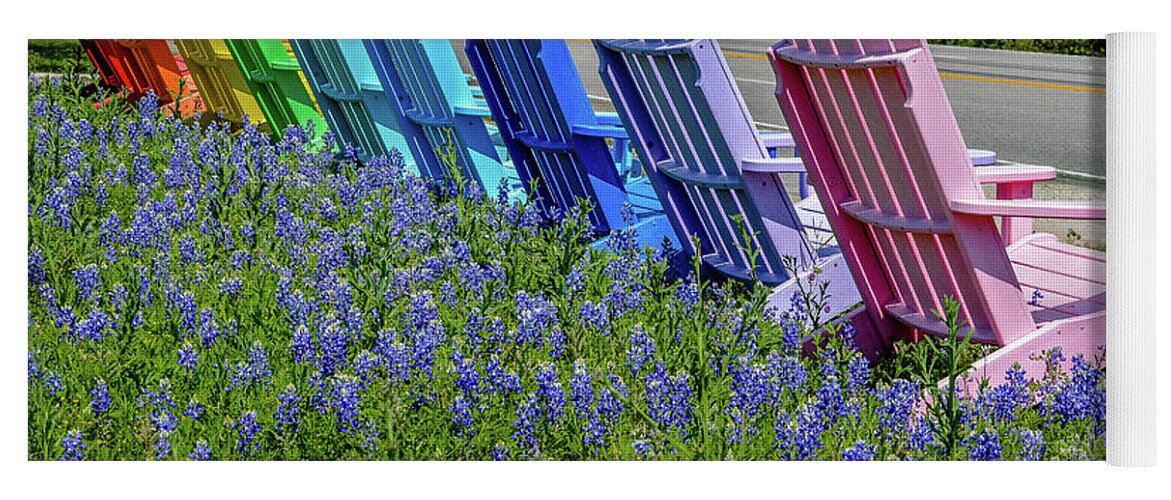 Bluebonnets Yoga Mat featuring the photograph Bluebonnets and chairs by David Meznarich
