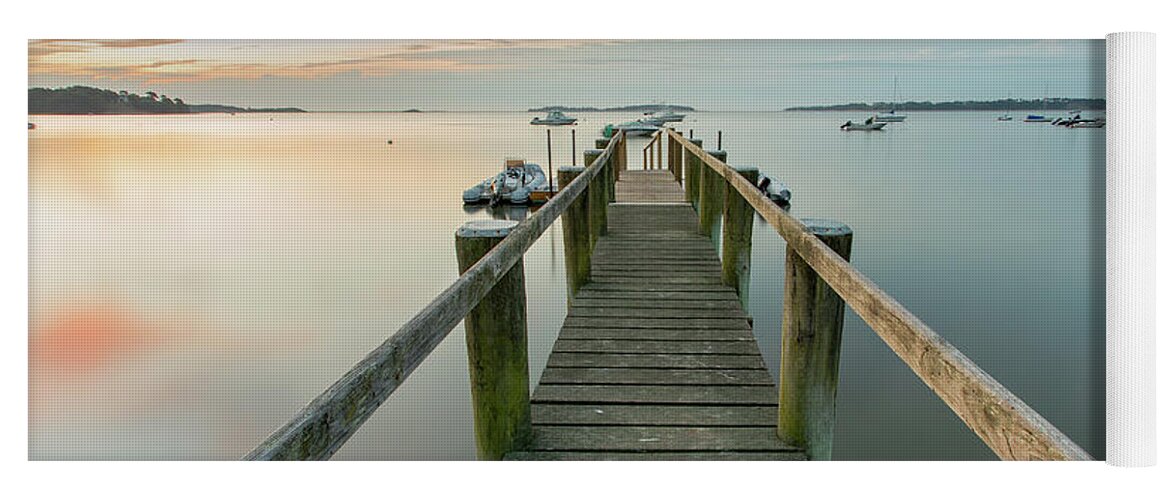 Boat Dock Yoga Mat featuring the photograph Boat Dock at Sunrise Grey Blue Panorama by Darius Aniunas