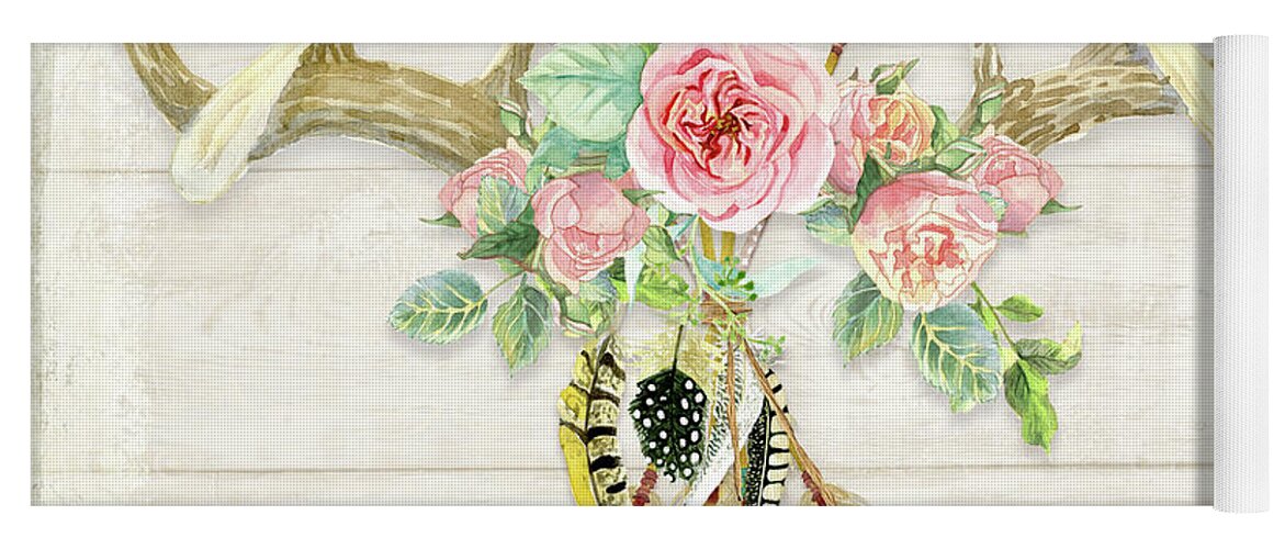 Watercolor Yoga Mat featuring the painting BOHO Love - Deer Antlers Floral Inspirational by Audrey Jeanne Roberts